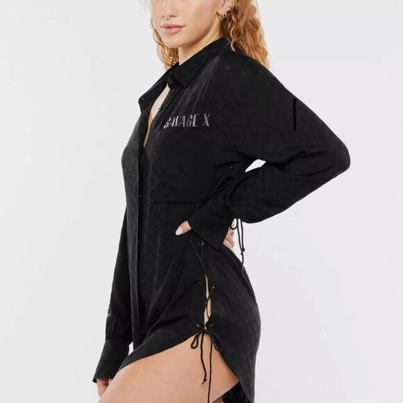 Savage X Fenty Black Lace Up Sides Voile Monogram Button Down Sleep Shirt Sz XS - Picture 1 of 7
